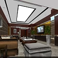 Modern Clubhouse Interior Design With Skylight Sofa Coffee Table TV And Plants