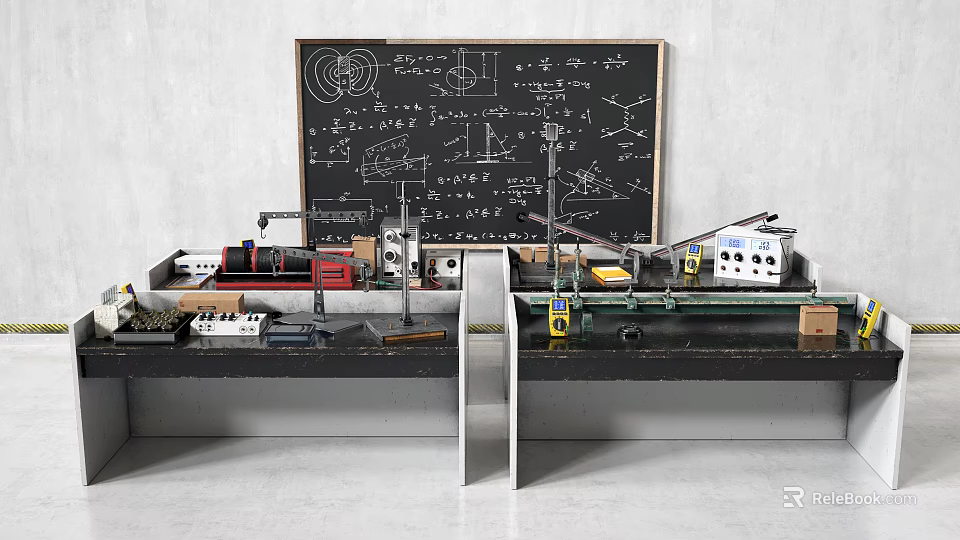 Functional Workbench Desk With Tools Equipment And Blackboard Featuring Scientific Formulas Diagrams 3d model 