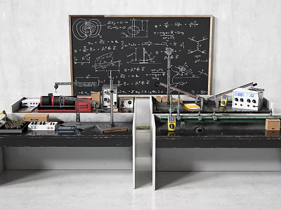 Functional Workbench Desk With Tools Equipment And Blackboard Featuring Scientific Formulas Diagrams 3d model