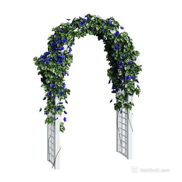 White Lattice Garden Arch Decorated With Green Vines And Blue Flowers 3d model 