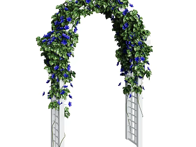 White Lattice Garden Arch Decorated With Green Vines And Blue Flowers 3d model