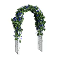 White Lattice Garden Arch Decorated With Green Vines And Blue Flowers