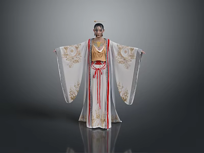 Woman in traditional costume wearing white robe with golden patterns red sash and headpiece 3d model