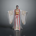 Woman in traditional costume wearing white robe with golden patterns red sash and headpiece