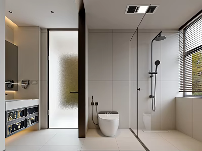 Modern Bathroom Interior With Glass Shower Enclosure Wall Hung Toilet And White Tiles 3d model