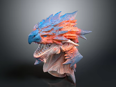 Fantasy Creature Head Sculpture With Vibrant Blue Orange Scales Open Mouth And Sharp Teeth 3d model