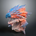 Fantasy Creature Head Sculpture With Vibrant Blue Orange Scales Open Mouth And Sharp Teeth