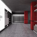 Carnation Exhibition Space With Red Pillars Gray Walls And Display Beds