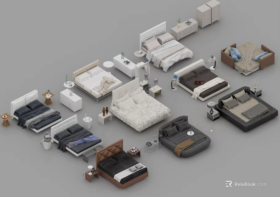 Various Modern Double Bed Designs With Bedside Tables And Pillows 3d model