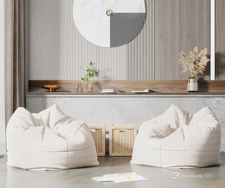 Modern Two White Bean Bag Chairs In Minimalist Interior With Woven Baskets And Green Plants 3d model 