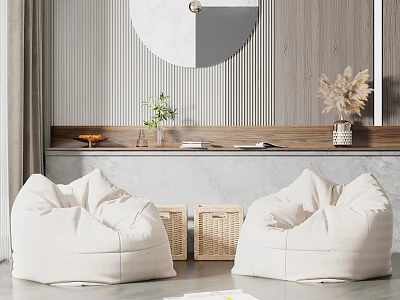 Modern Two White Bean Bag Chairs In Minimalist Interior With Woven Baskets And Green Plants 3d model