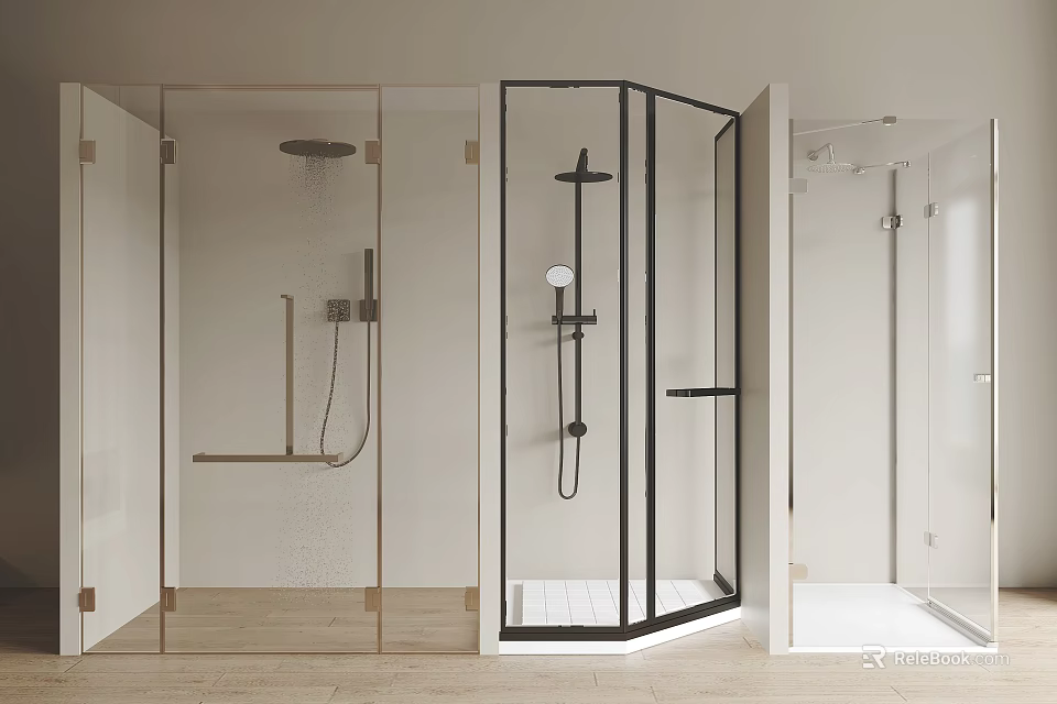 Modern Shower Sauna Interior Design With Glass Enclosure Black Frame And Shower Fixtures 3d model 