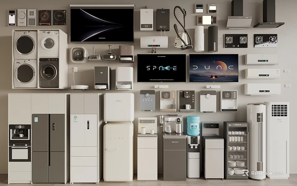 Diverse Collection of Household Appliances Including Refrigerators Washing Machines TVs and Air Conditioners 3d model 