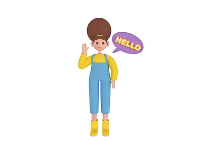Game Movie Character With Afro Hairstyle Yellow Top Blue Overalls Waving Hand And Hello Speech Bubble 3d model