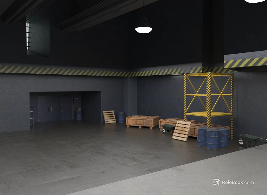 Industrial Warehouse Interior With Gray Walls Yellow Metal Shelf Wooden Crates And Blue Barrels 3d model 