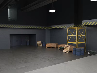 Industrial Warehouse Interior With Gray Walls Yellow Metal Shelf Wooden Crates And Blue Barrels 3d model