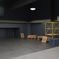 Industrial Warehouse Interior With Gray Walls Yellow Metal Shelf Wooden Crates And Blue Barrels