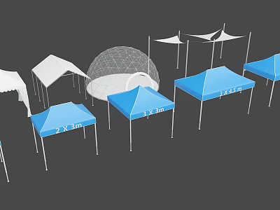 Colorful Outdoor Tents And Canopies Including Dome Structure And Blue White Designs 3d model