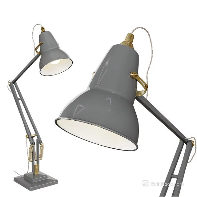 Modern Adjustable Arm Table Lamp With Gray Shade And Brass Accents 3d model