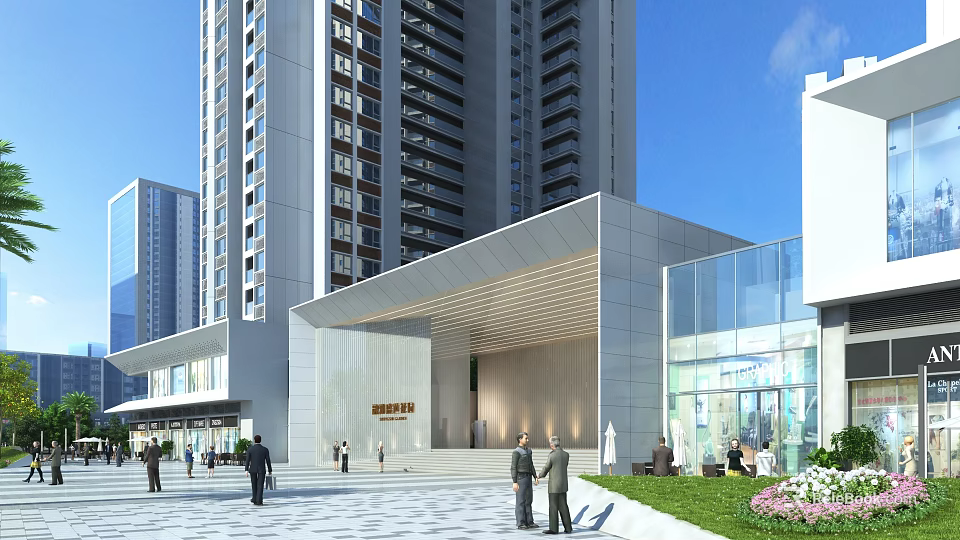 Modern Entrance Gate of High Rise Building with Glass Curtain Wall Steps and Greenery 3d model 