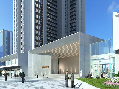 Modern Entrance Gate of High Rise Building with Glass Curtain Wall Steps and Greenery 3d model