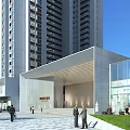 Modern Entrance Gate of High Rise Building with Glass Curtain Wall Steps and Greenery