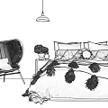 Double Bed with Purple Bedding Pom Pom Details Wicker Chair and Pendant Light