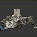 Ancient Stone Tower and Walls on Rocky Hill with Green Vegetation and Rocks