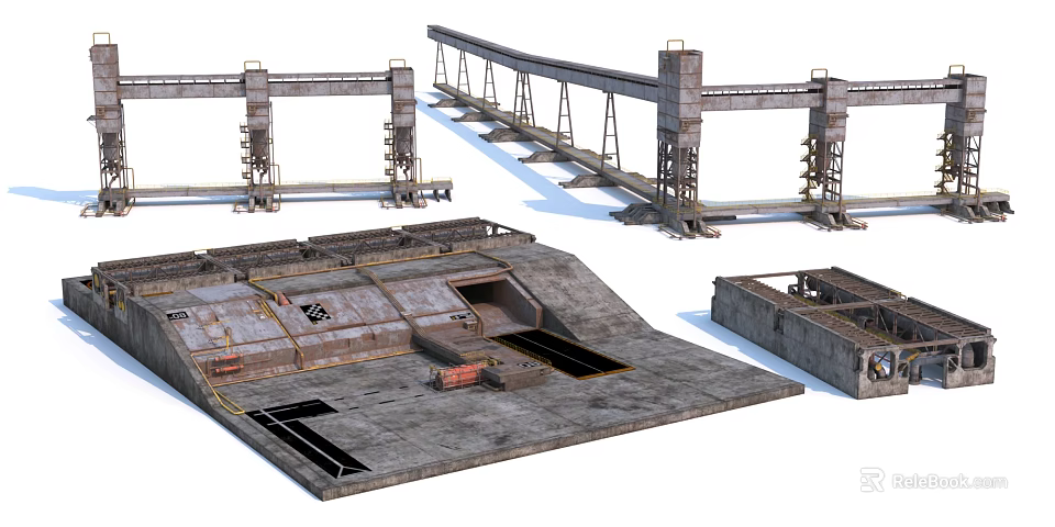 Industrial Equipment Featuring Gantry Cranes Large Platforms And Concrete Structures 3d model 