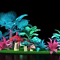 Whimsical Fantasy Garden Scene With Colorful Mushrooms Green Plants And Vibrant Leaves