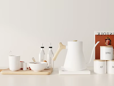 Minimalist White Kitchenware Collection With Kettle Mugs Bowl Bottles And Coffee Canisters On Tray 3d model