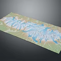 3D Topographic Terrain Model With Mountain Ranges And Water Bodies