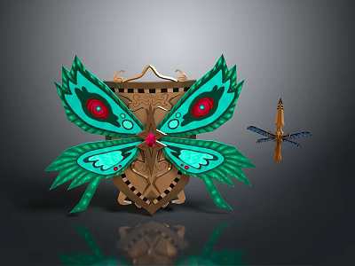 Brown Decorative Weapon Featuring Green Butterfly Wings Red Eyes And Dragonfly Shaped Accessory 3d model