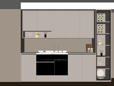 Modern Kitchen With Gray Cabinets Countertop Faucet Sink And Open Shelves With Bottles 3d model