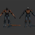 Robot Characters With Different Colored Armor Holding Long Weapons In Standing Pose 3d model