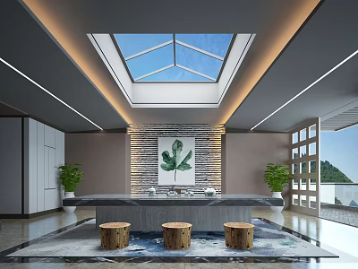 Modern Tea Room Interior With Skylight Stone Wall Decor Green Plants Wooden Stools Patterned Rug 3d model
