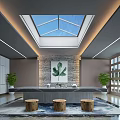 Modern Tea Room Interior With Skylight Stone Wall Decor Green Plants Wooden Stools Patterned Rug