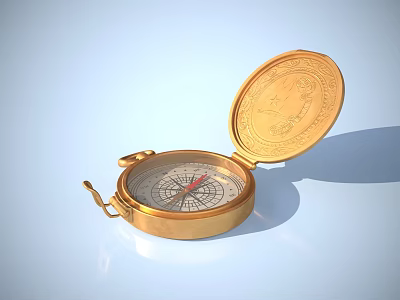 Golden Decorative Ornament Set Featuring Open Lid Compass and Intricate Design for Home Decor 3d model