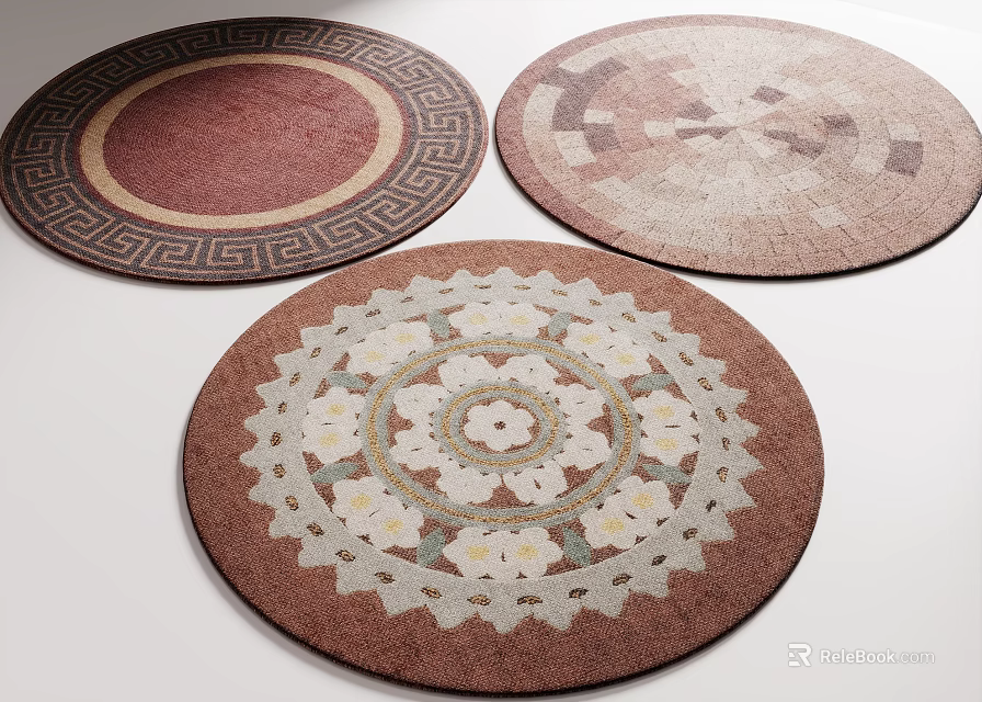 Stylish Round Rugs With Geometric Patchwork And Floral Design Patterns For Home Decor 3d model 