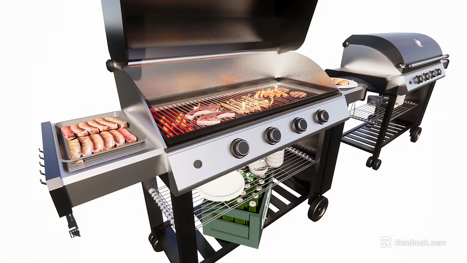 Outdoor Grill Setup With Sausages Meat Skewers Plates And Bottles 3d model 