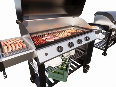 Outdoor Grill Setup With Sausages Meat Skewers Plates And Bottles 3d model