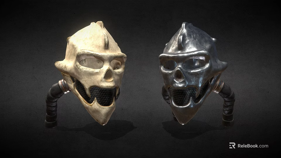 Twin Weapon Helmets With Skull Design In Bone And Metal Finish 3d model 