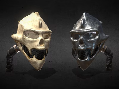 Twin Weapon Helmets With Skull Design In Bone And Metal Finish 3d model