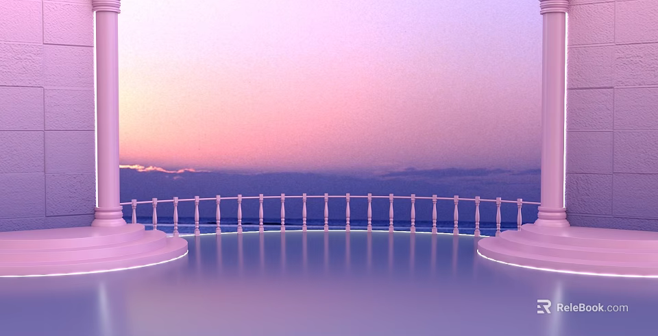 Elegant Pink Balcony Scene With Pillars Railing Calm Water Distant Mountains And Pink Gradient Sky 3d model 