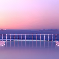 Elegant Pink Balcony Scene With Pillars Railing Calm Water Distant Mountains And Pink Gradient Sky