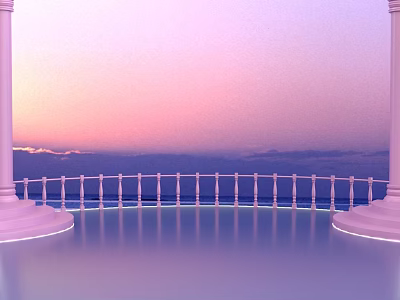 Elegant Pink Balcony Scene With Pillars Railing Calm Water Distant Mountains And Pink Gradient Sky 3d model