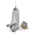 Gray Gauze Bed Canopy With Star Decor And Wooden Barrel Plush Toys