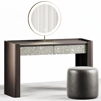 Modern Dressing Table With Round Mirror Patterned Drawers And Leather Stool 3d model