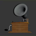 Vintage Gramophone with Metallic Horn and Rotating Turntable on Wooden Base
