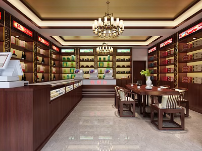 Elegant Tobacco And Alcohol Store Interior With Wooden Shelves And Products 3d model